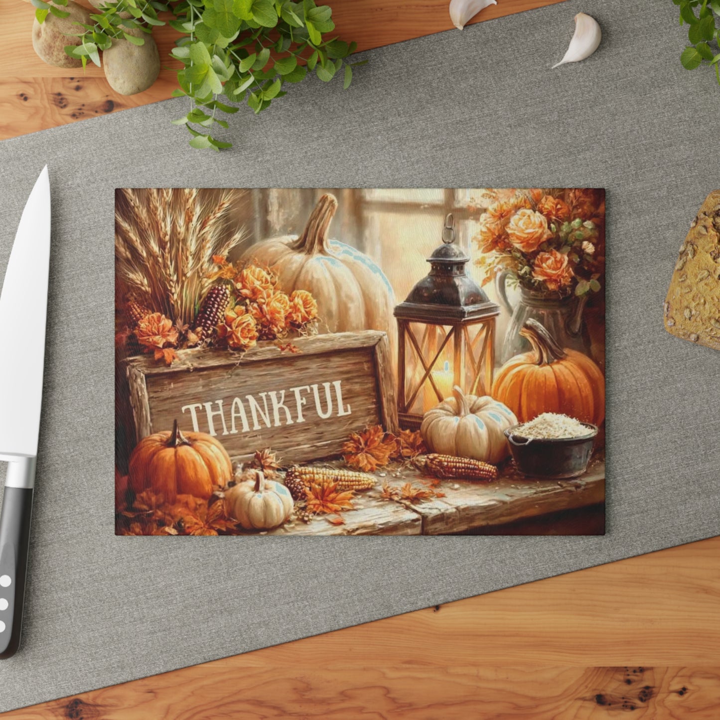 🎃🕯️ “Thankful Autumn Vignette” Glass Cutting Board – Cozy Charm for Your Kitchen