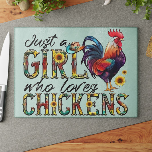 🐔🌻 JUST A GIRL WHO LOVES CHICKENS – Cowgirl Chicken Glass Cutting Board 🤠🐓