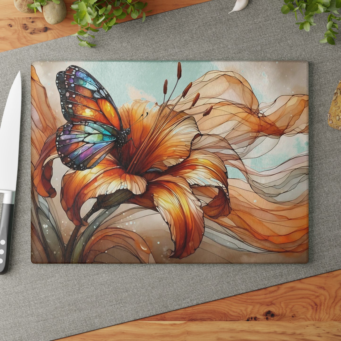 Flower & Butterfly Tempered Glass Cutting Board – A Touch of Nature’s Grace