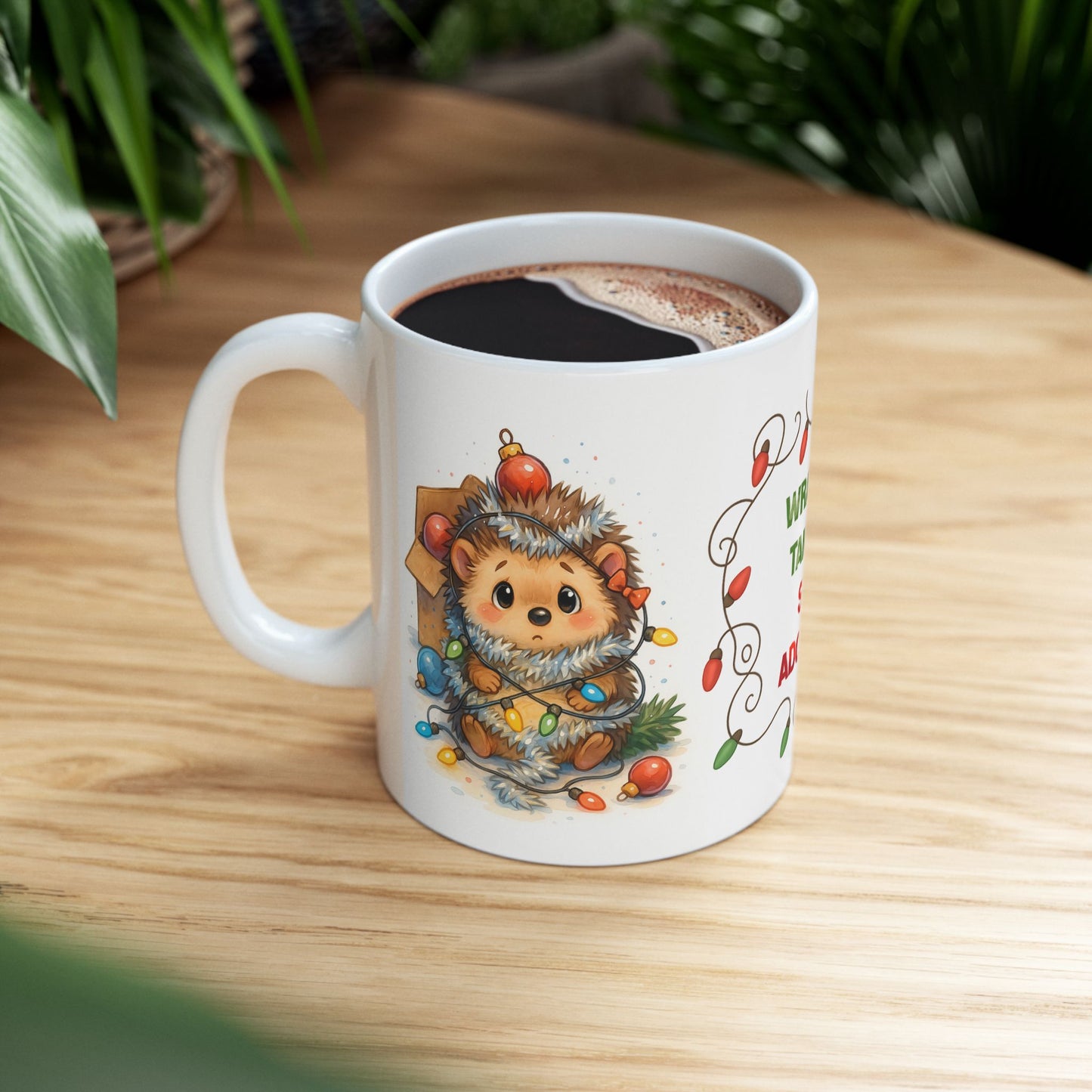 🦔🎄 Wrapped, Tangled, Still Adorable Hedgehog Mug – Cute Christmas Coffee Cup ✨☕
