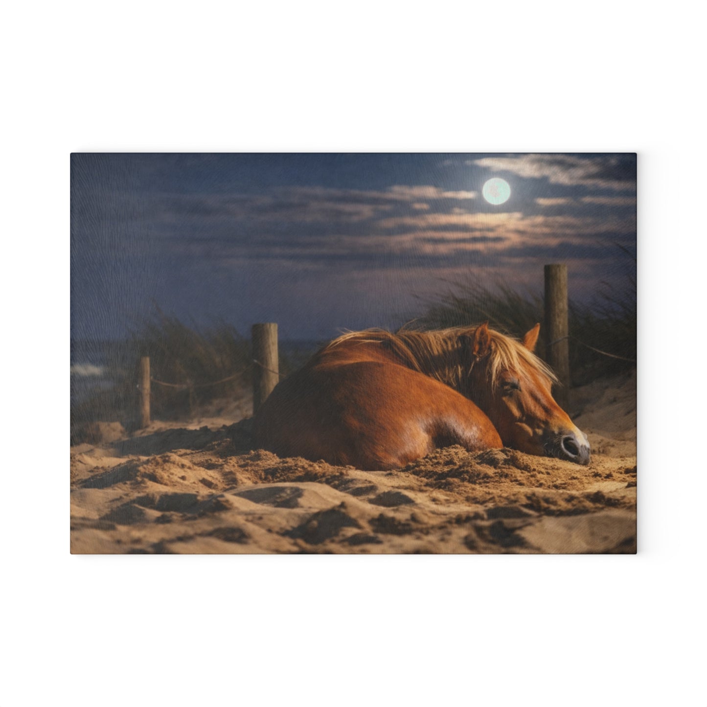 Peaceful Horse on Moonlit Beach Glass Cutting Board – Coastal Farmhouse Horse Lover Kitchen Decor