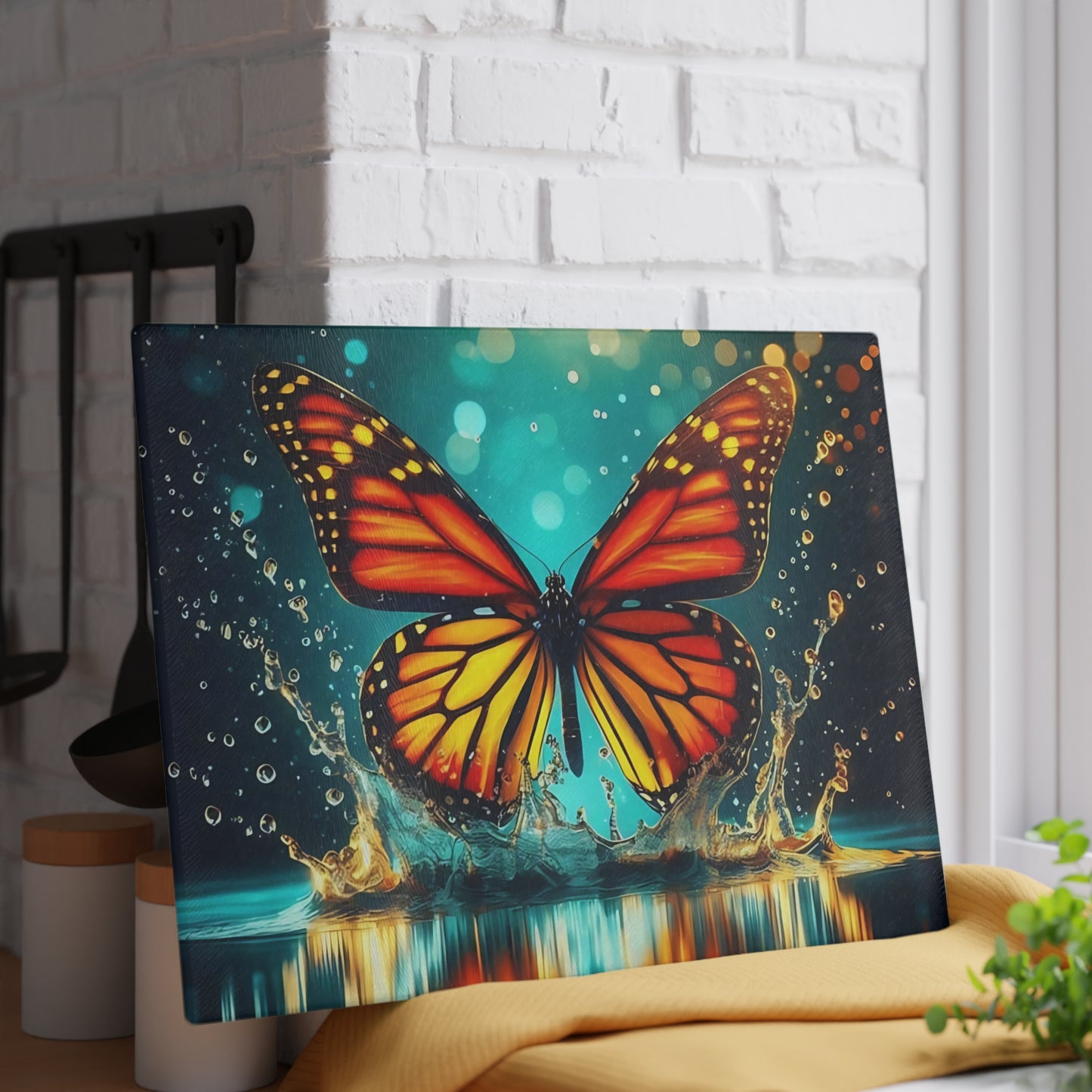 Monarch Butterfly Splash Glass Cutting Board – Vibrant Water Scene, Nature-Inspired Kitchen Decor