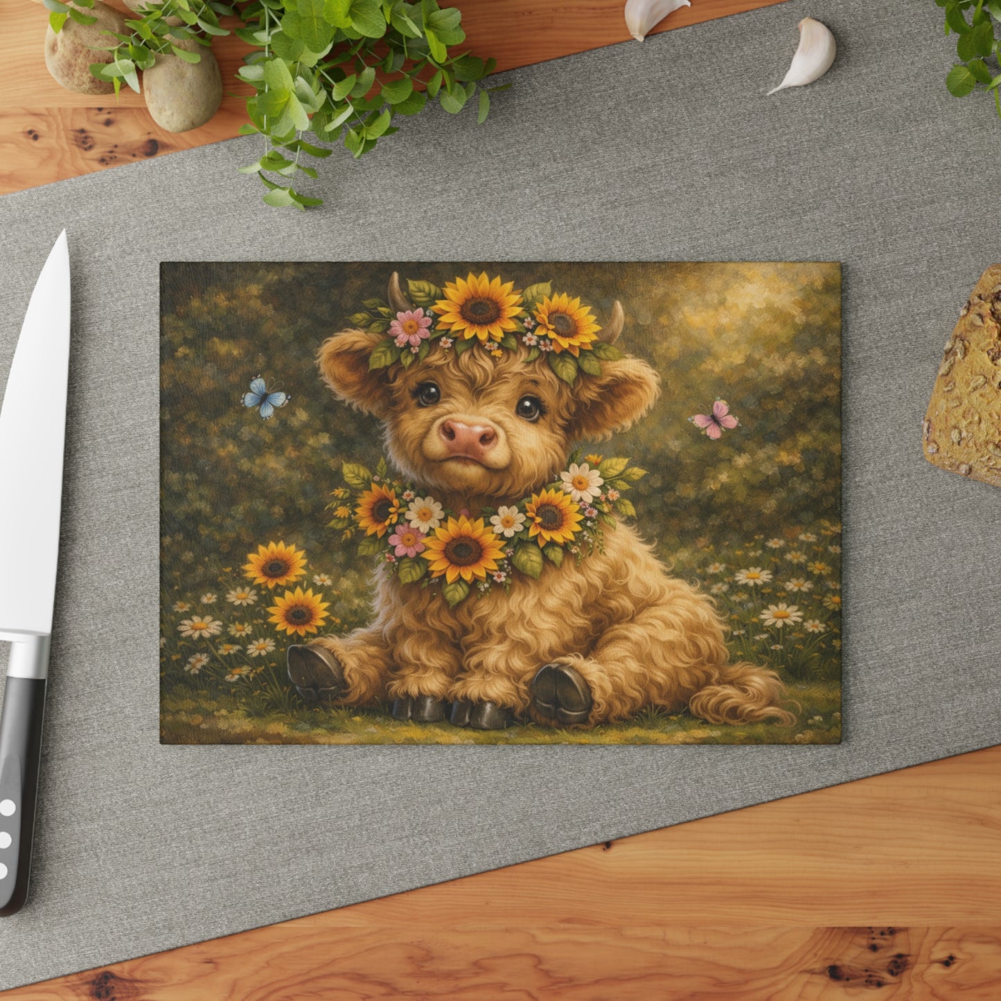 Floral Highland Calf Glass Cutting Board – Vintage Garden Style