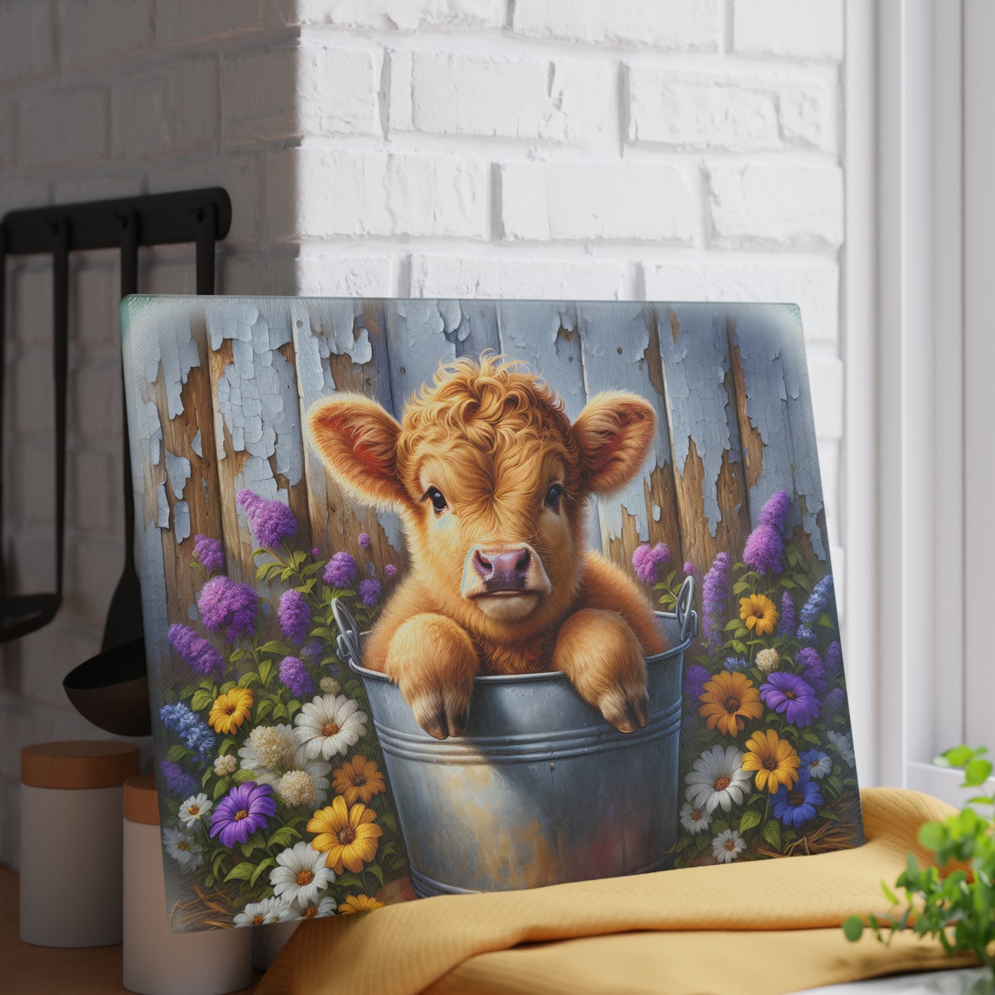 🐮🌸 Baby Highland Cow in Pail Glass Cutting Board – Country Charm with Flowers & Rustic Fence 🌼🪵