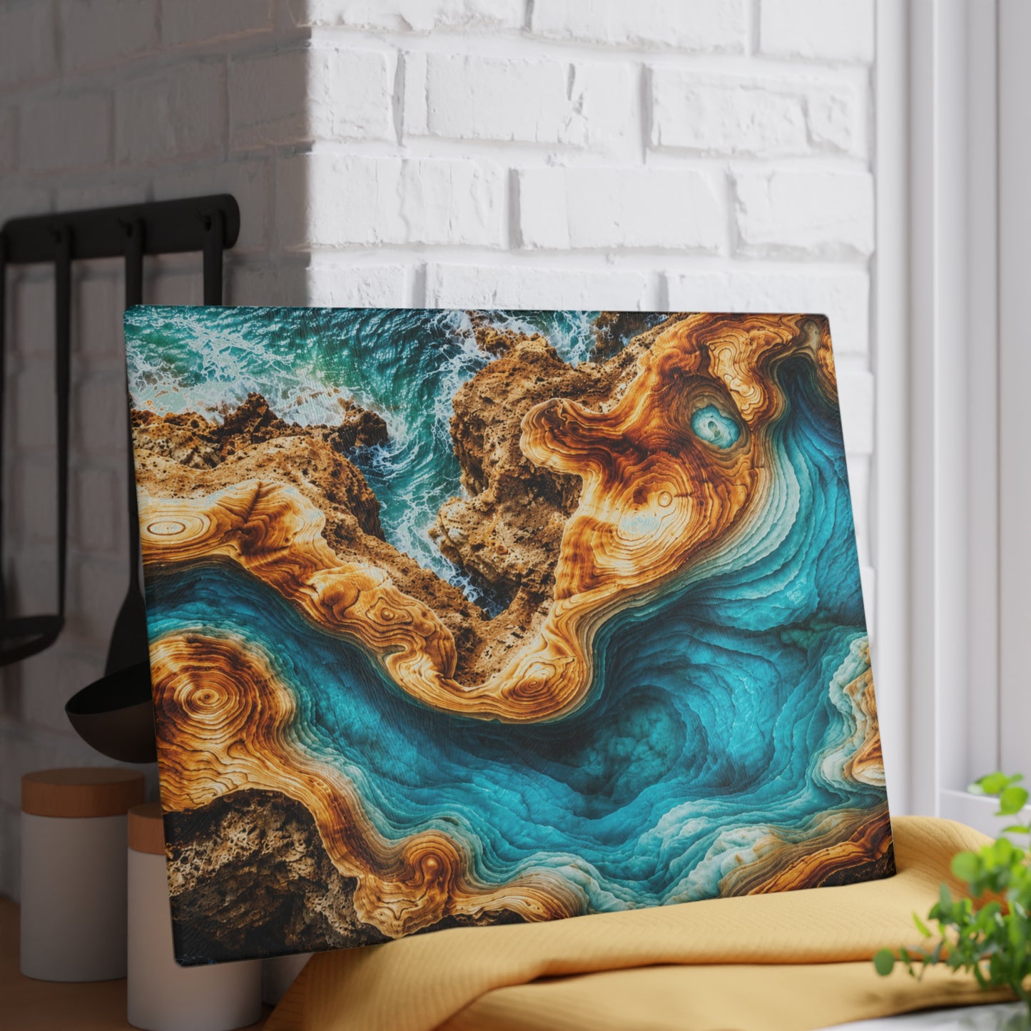 Coastal Ocean Resin-Style Abstract Glass Cutting Board – Turquoise Shoreline Artwork