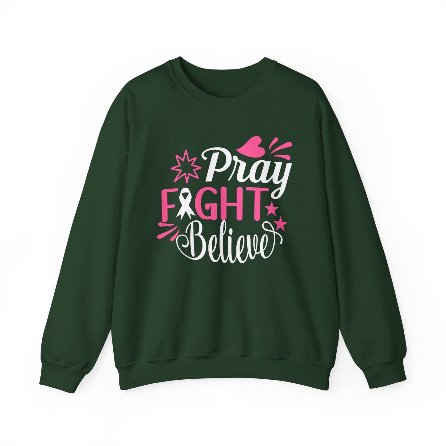 🙏🎀 Pray Fight Believe Sweatshirt – Breast Cancer Awareness & Faith Crewneck