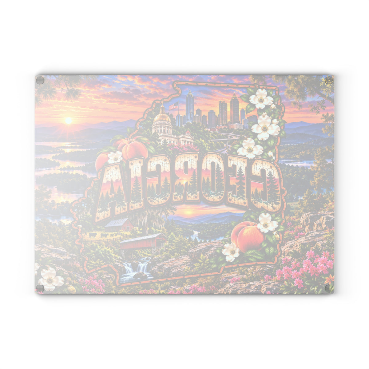 Georgia Glass Cutting Board – Georgia State Map, Atlanta Skyline, Peach Blossoms, Covered Bridge & Mountain Sunset Kitchen Décor