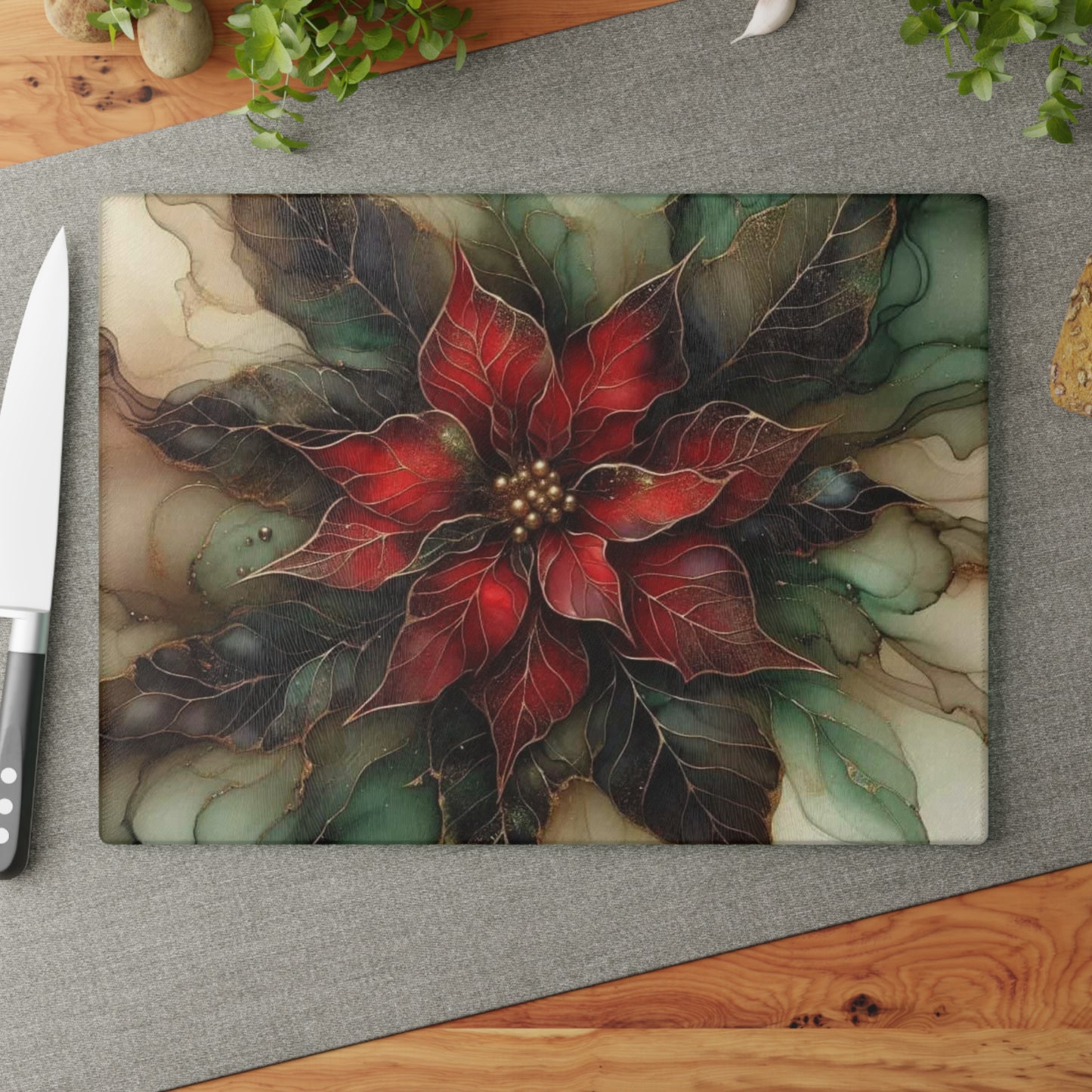 🎄 Elegant Poinsettia Bloom – Holiday Art Tempered Glass Cutting Board