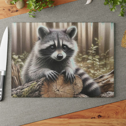 Tabla de cortar con diseño de mapache curioso: el encanto rústico se fusiona con la fantasía del bosque