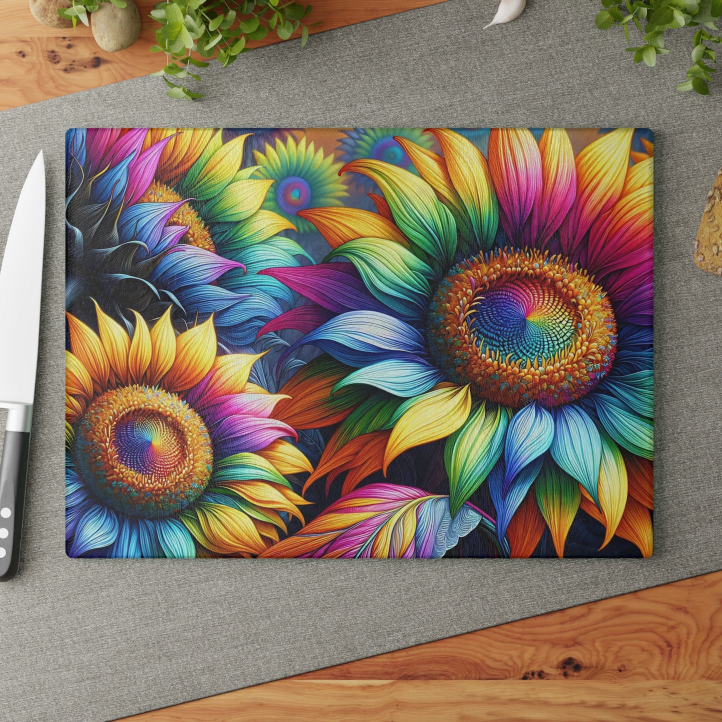 Rainbow Sunflower Glass Cutting Board – Colorful Farmhouse Kitchen Decor