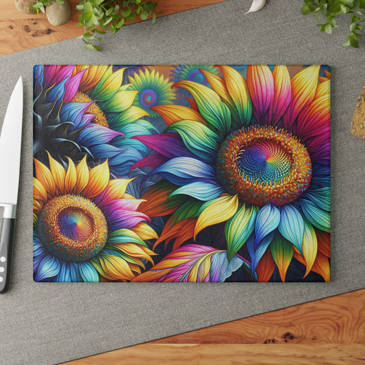Rainbow Sunflower Glass Cutting Board – Colorful Farmhouse Kitchen Decor
