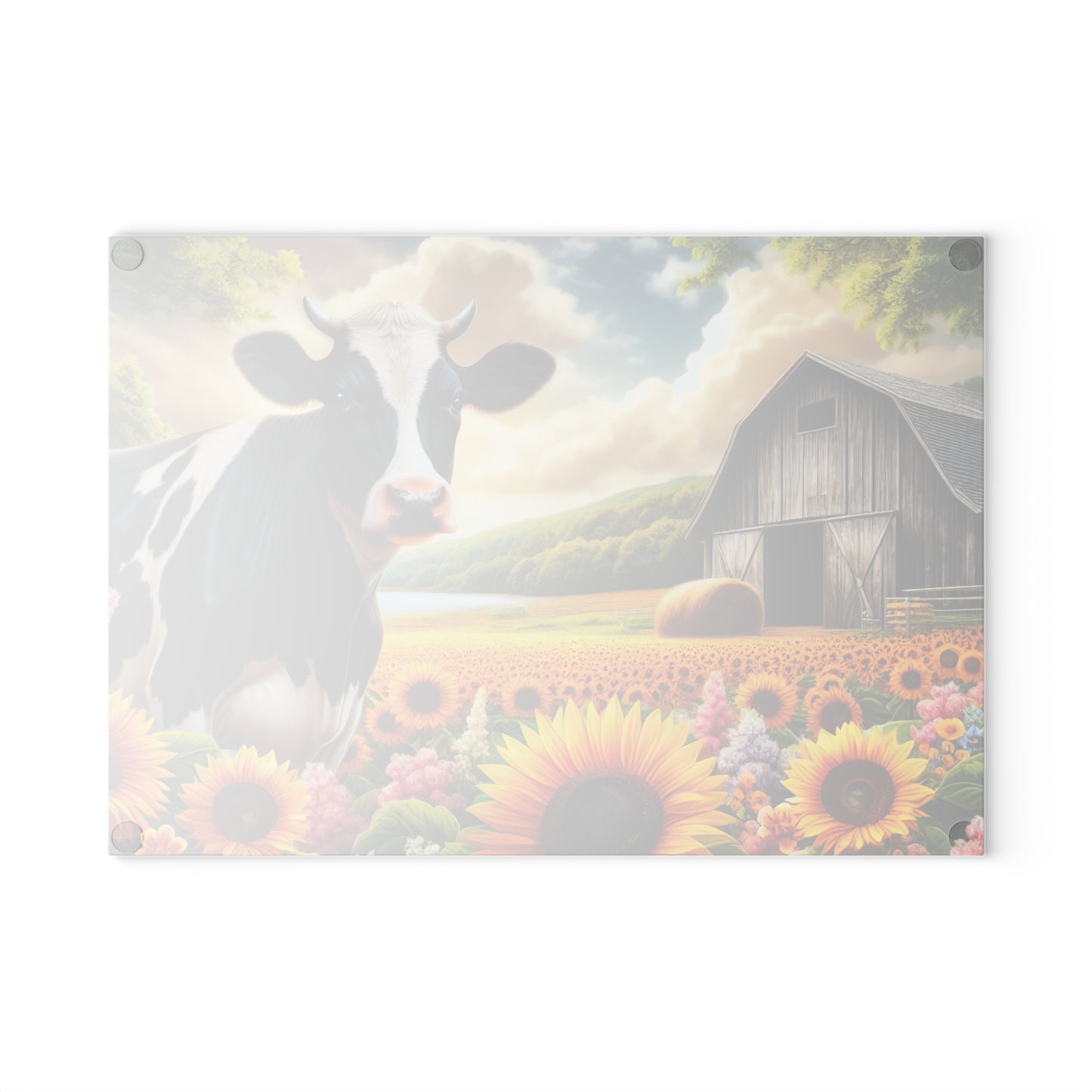 🐄🌻 Black & White Cow in Sunflower Field Glass Cutting Board – Peaceful Barn, Lake & Nature Scene 🌳
