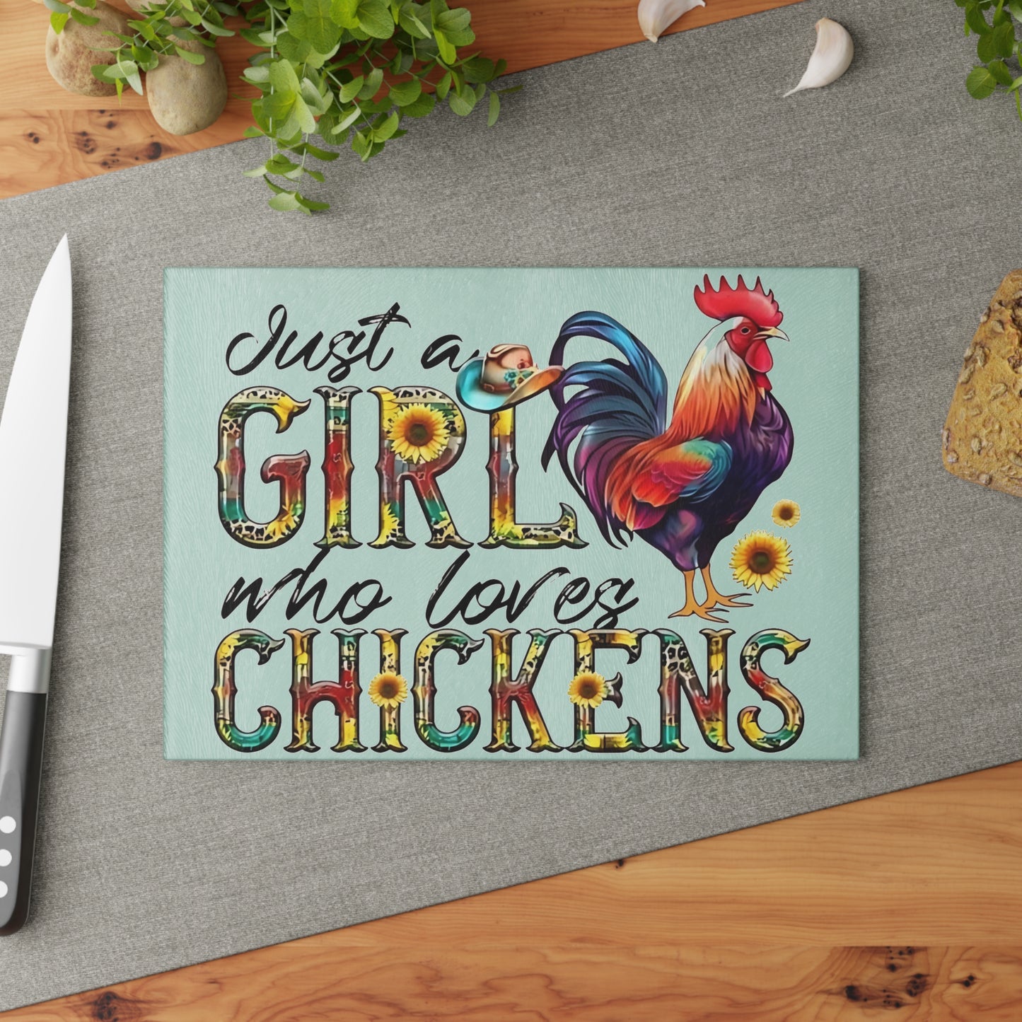 🐔🌻 JUST A GIRL WHO LOVES CHICKENS – Cowgirl Chicken Glass Cutting Board 🤠🐓