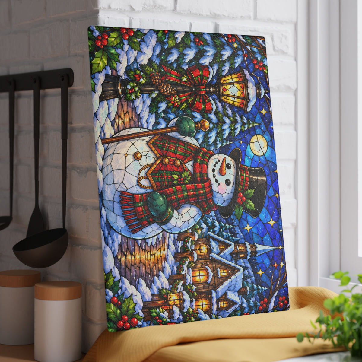 Snowman Christmas Village Stained-Glass-Look Glass Cutting Board – Winter Holiday Kitchen Decor
