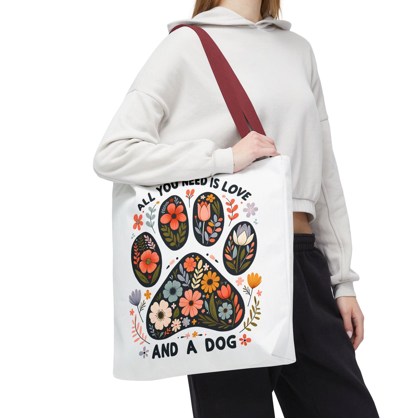 🐾 All You Need is Love and a Dog Tote Bag – Floral Paw Print Perfection 🌸
