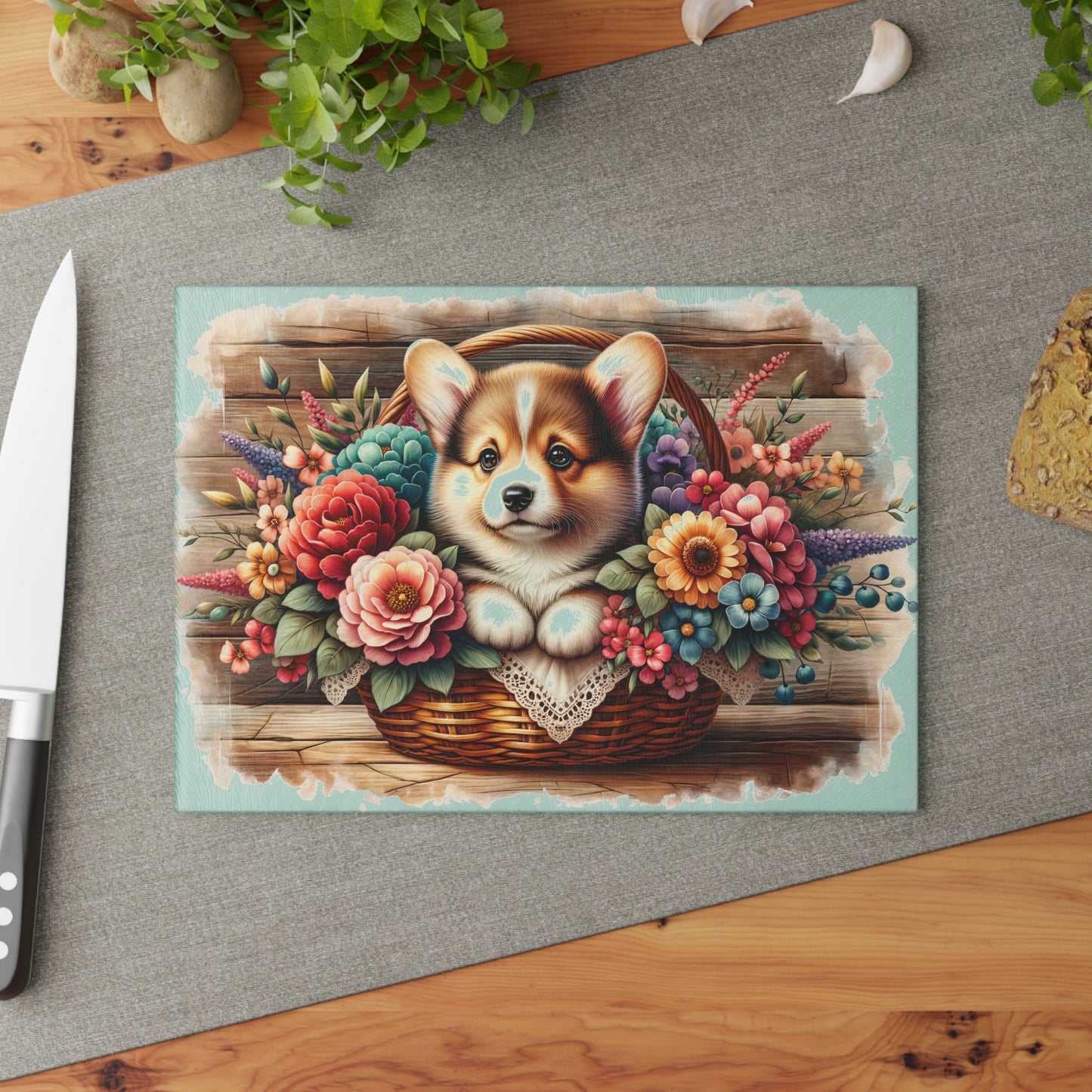 🐶🌸 Corgi in Basket Cutting Board – Sweet Charm Meets Rustic Elegance 🌼