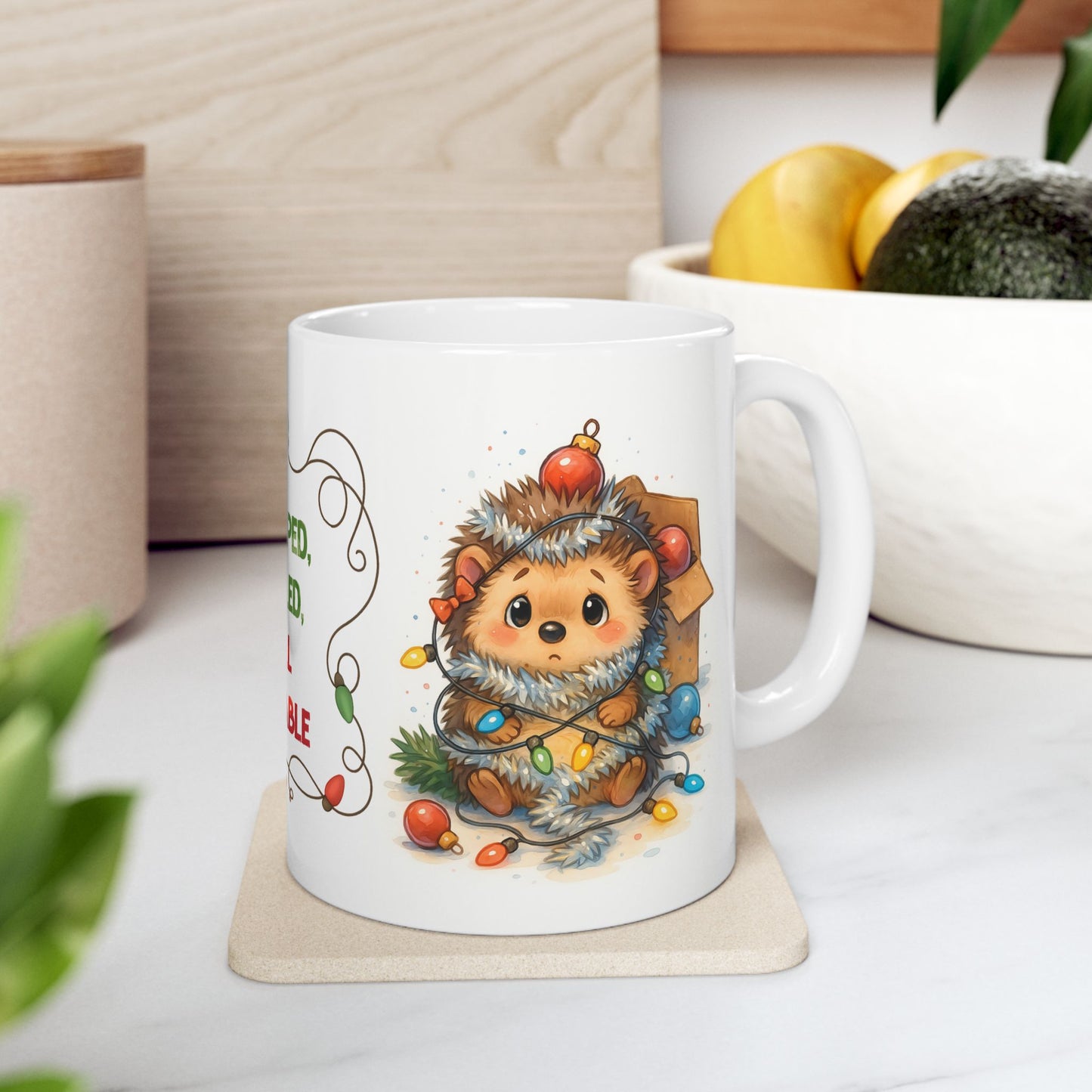 🦔🎄 Wrapped, Tangled, Still Adorable Hedgehog Mug – Cute Christmas Coffee Cup ✨☕