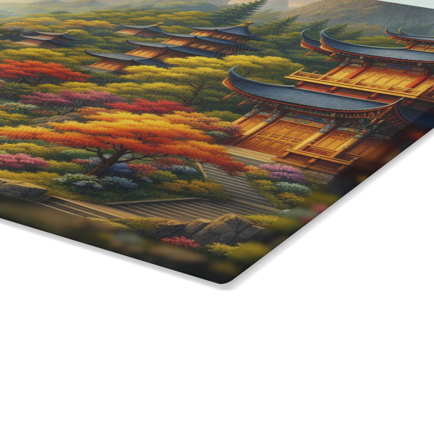 Asian Temple Garden Waterfall Glass Cutting Board – Serene Mountain Landscape Art