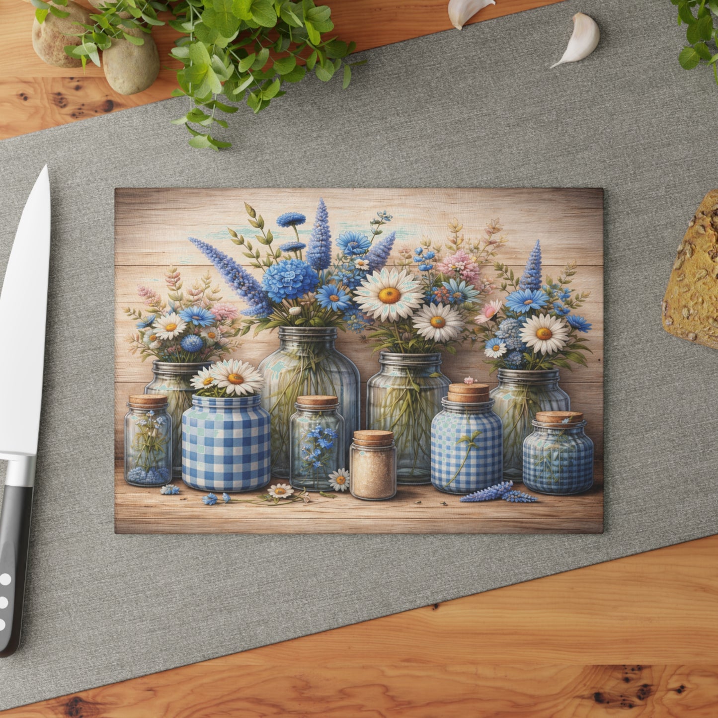Blue Gingham Wildflower Mason Jar Glass Cutting Board – Rustic Farmhouse Kitchen Decor