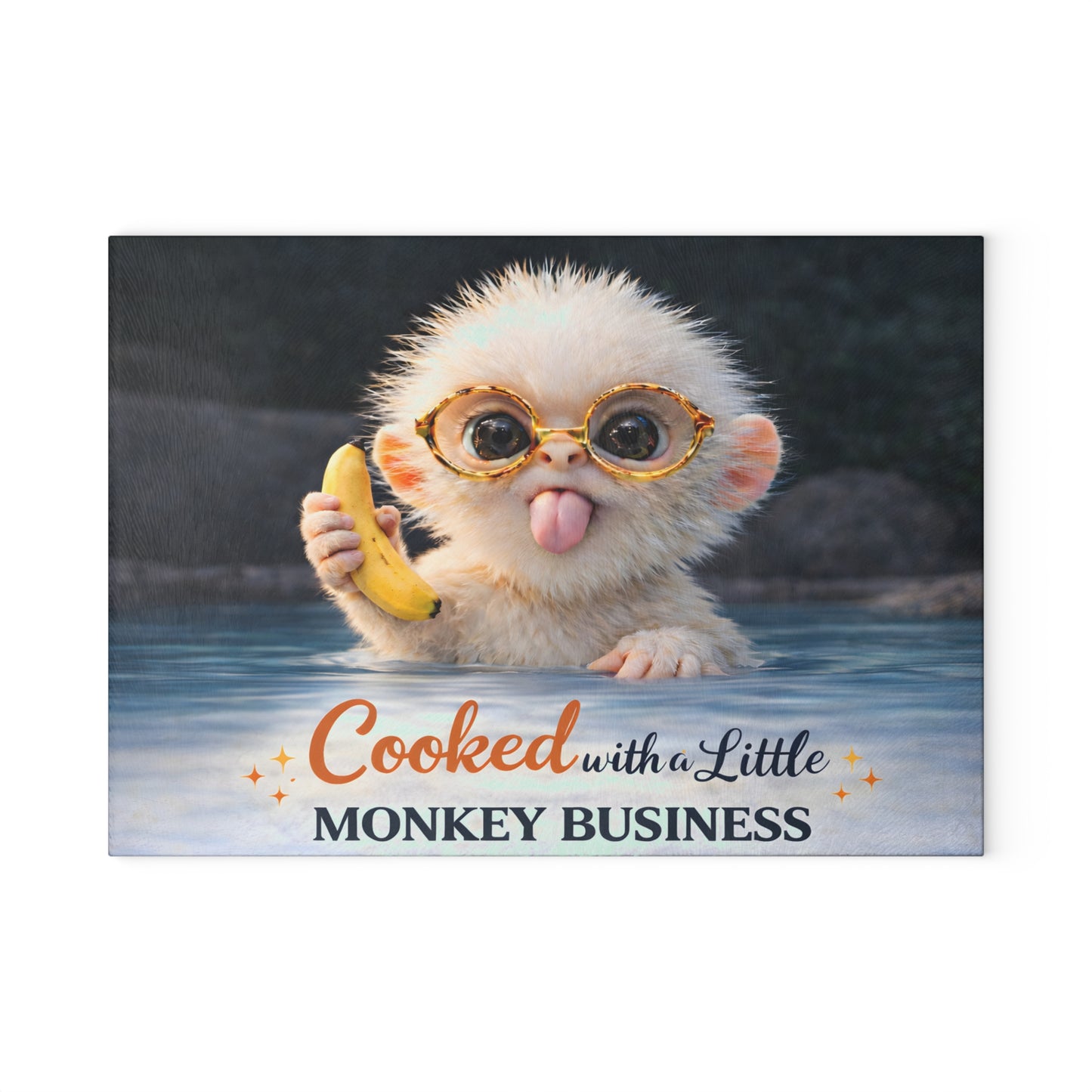 Playful Monkey Glass Cutting Board – “Cooked with a Little Monkey Business” Whimsical Kitchen Decor