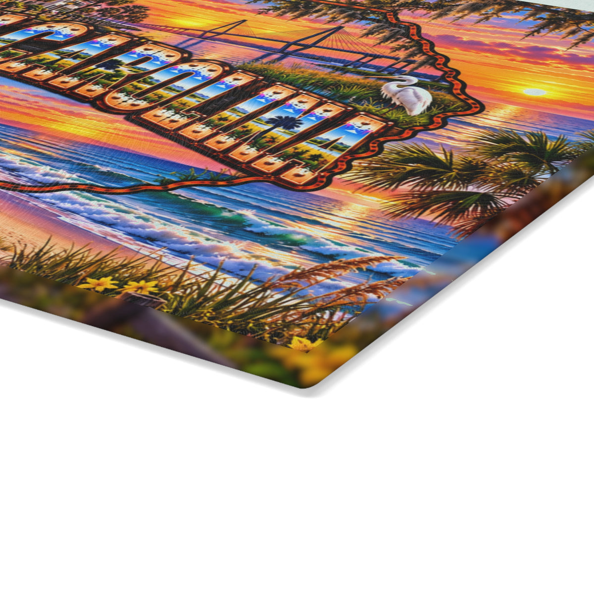 South Carolina Glass Cutting Board – Charleston Waterfront, Ravenel Bridge, Sea Turtle, Lighthouse & Coastal Sunset Kitchen Décor