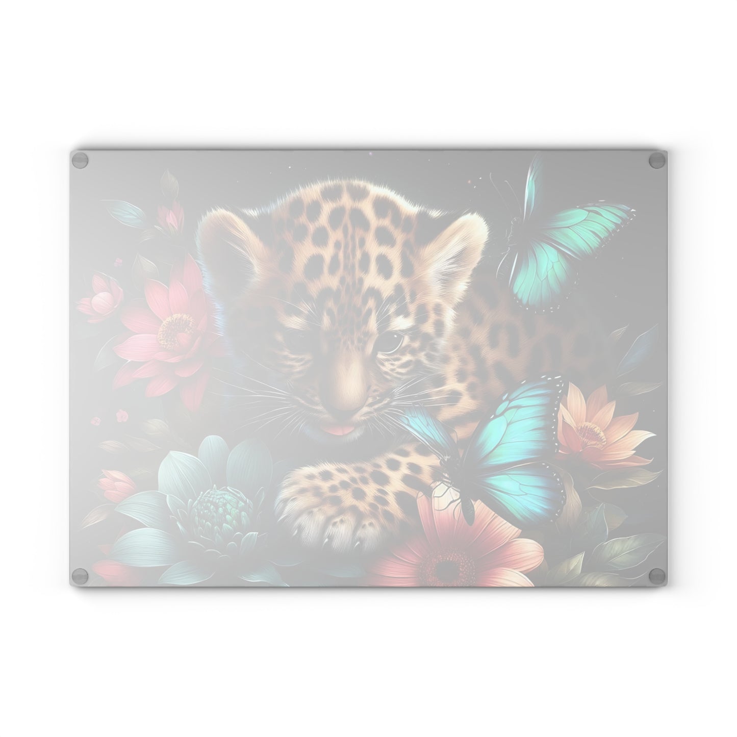 🦋 Leopard Cub & Blue Butterfly Cutting Board – Whimsy Meets Wild in Bloom 🌸🐆