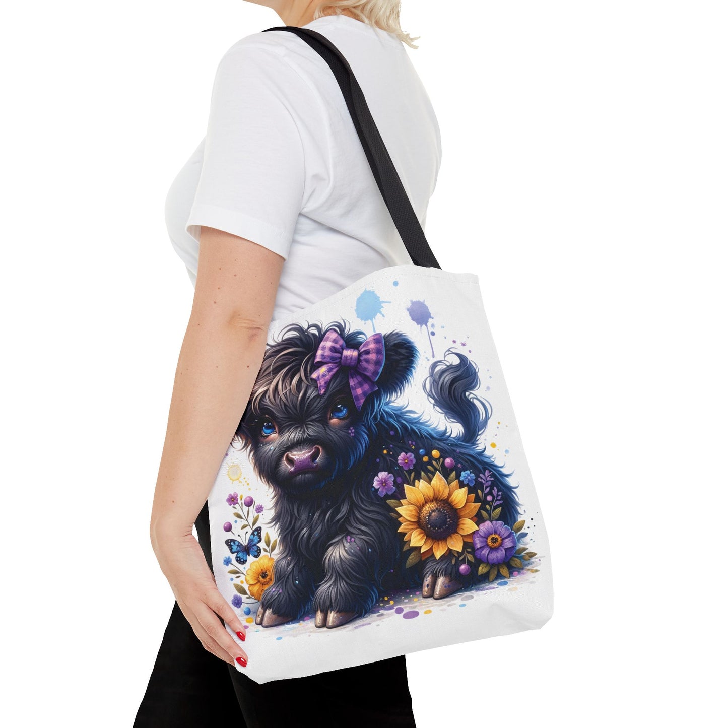 💜 Purple Bow Black Highland Calf Tote Bag – Country Charm with a Pop of Color 🐮👜