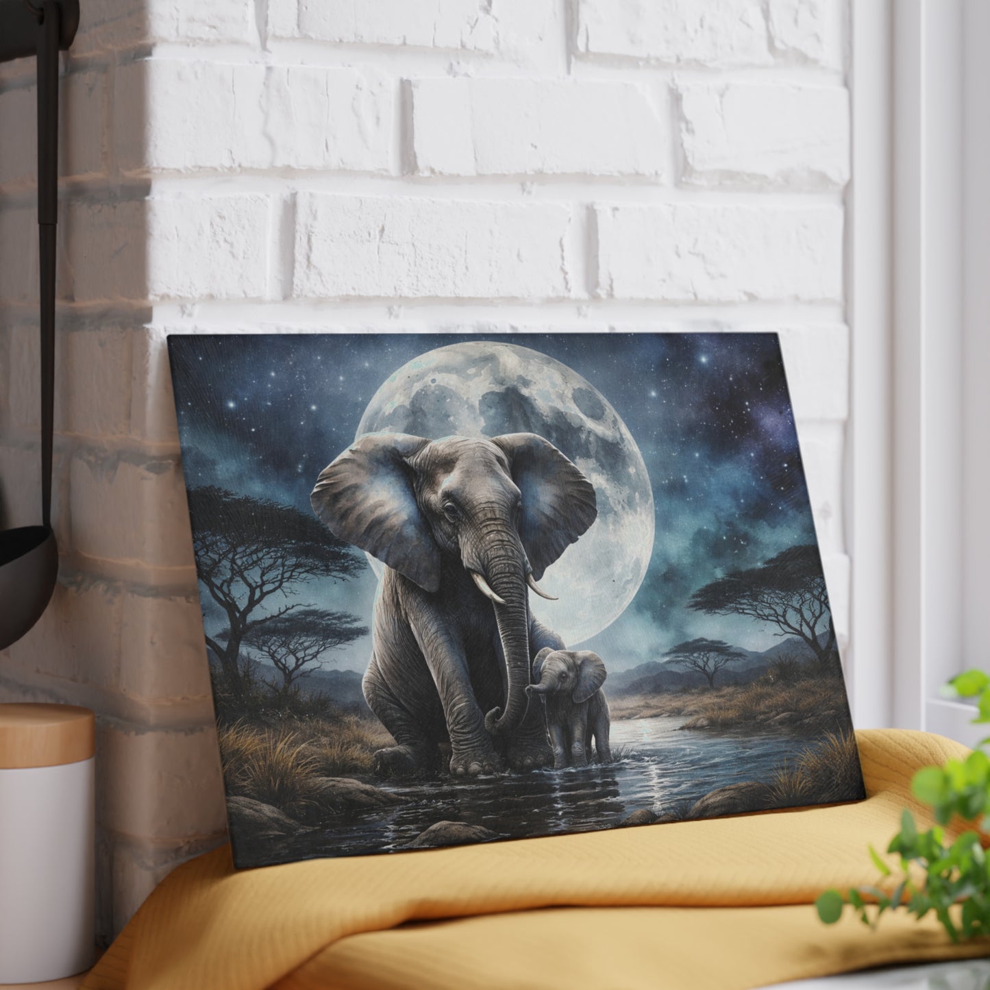 Moonlit Elephant and Calf Glass Cutting Board – Mystical Night Safari Wildlife Art