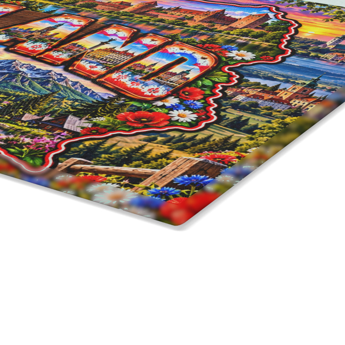 Poland Map Cutting Board – Colorful Polish Landmarks, Tatra Mountains, Medieval Castles, Baltic Coast & Patriotic Kitchen Décor