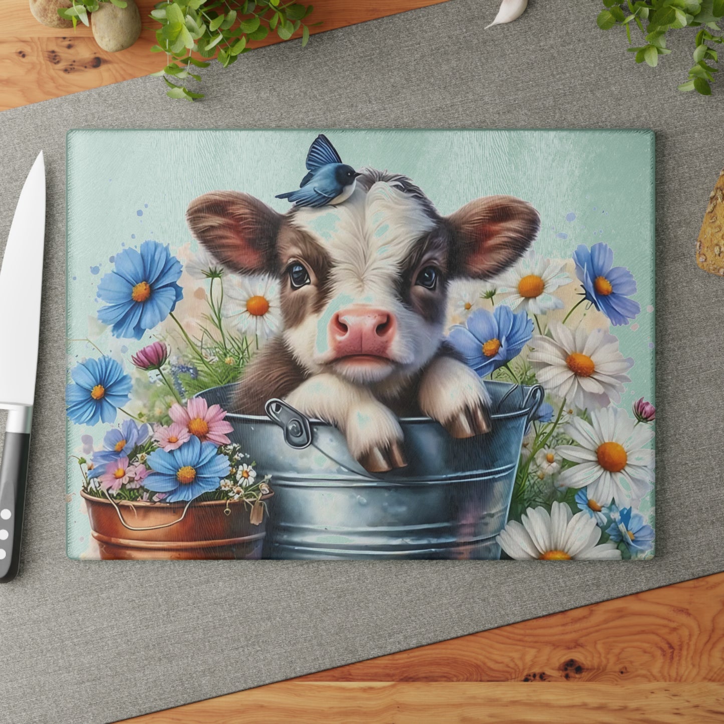 🐮 Baby Cow in Bucket with Blue Daisies Cutting Board – Farmhouse Charm for Your Kitchen 🌼