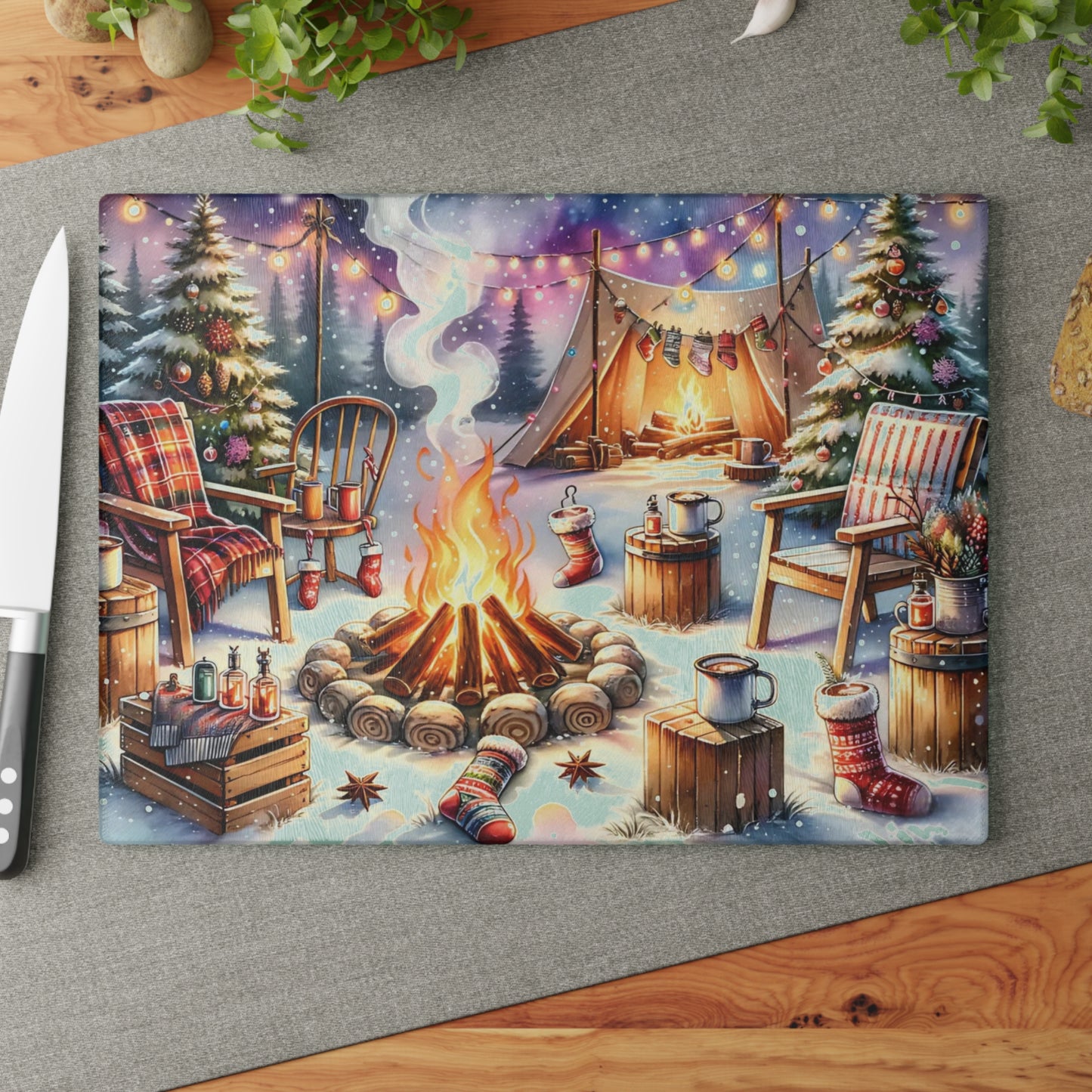 🔥🏕️ “Cozy Campfire Christmas” Glass Cutting Board – Winter Charm for Your Kitchen