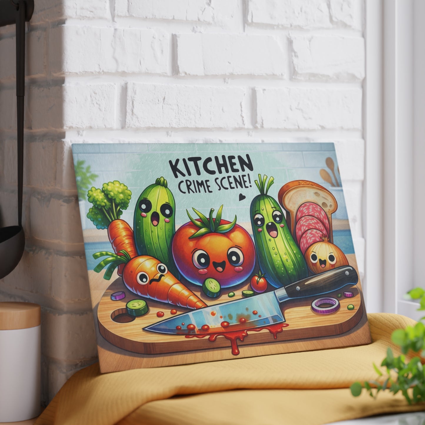 Kitchen Crime Scene Glass Cutting Board – Funny Vegetable Cartoon Kitchen Decor