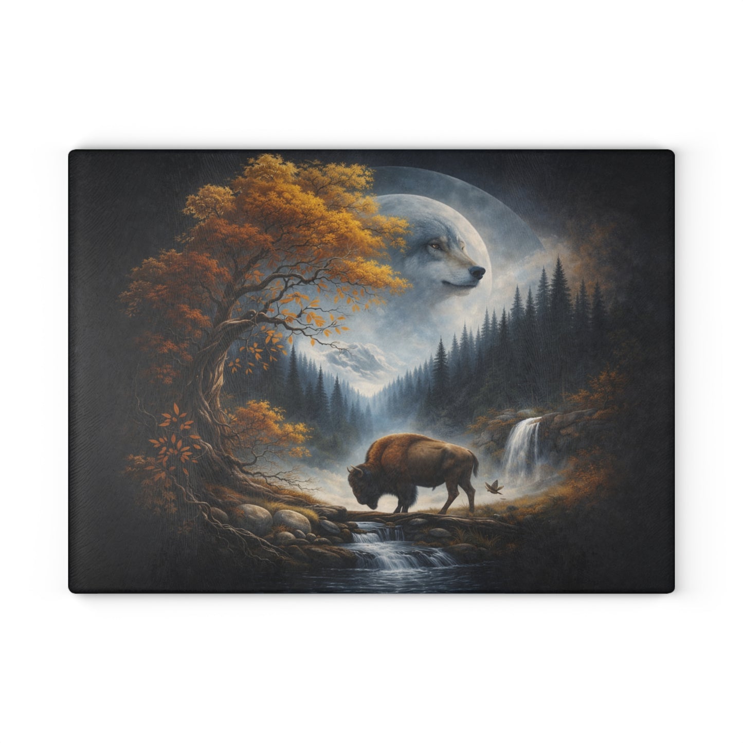 Moonlit Wolf Spirit Forest Glass Cutting Board – Mystical Wildlife Landscape Kitchen Art