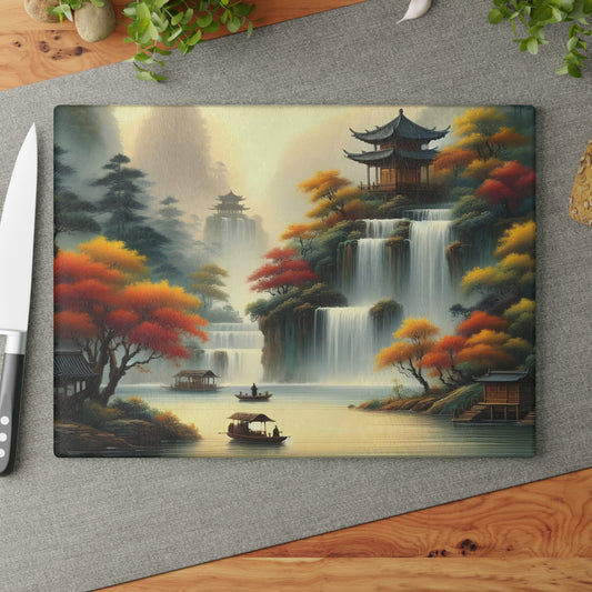 🍂🏯 Golden Serenity Waterfall Cutting Board – Peaceful Pagoda Landscape Art 🏯🍂