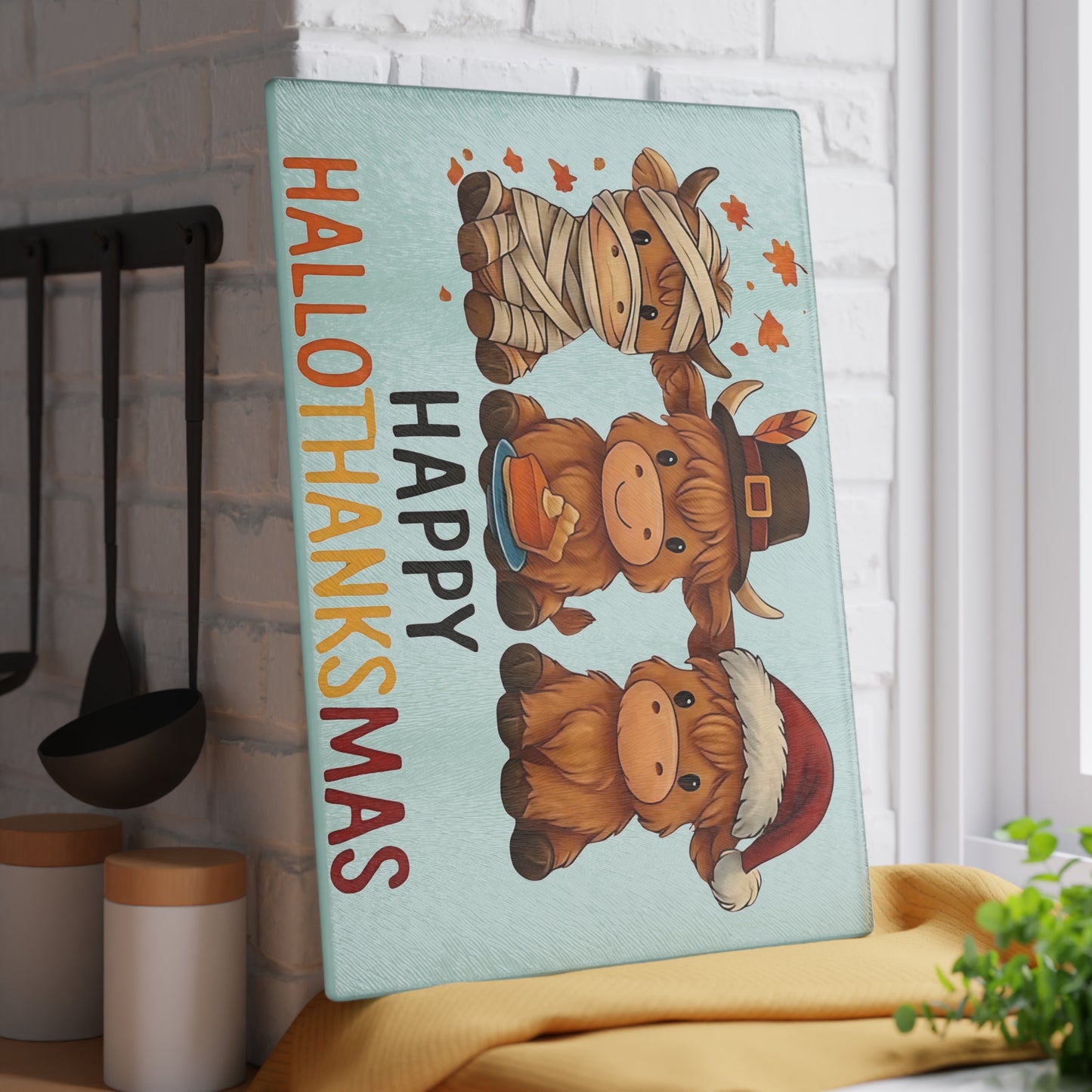 🎃🦃🎄 Happy Hallothanksmas Highland Cow Cutting Board – Festive Multi-Holiday Kitchen Décor 🍁🥧✨