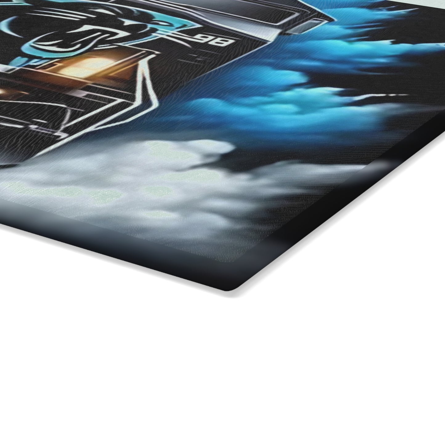 Panther Blue & Black Express Glass Cutting Board – Sleek Train Art for Bold Modern Kitchens