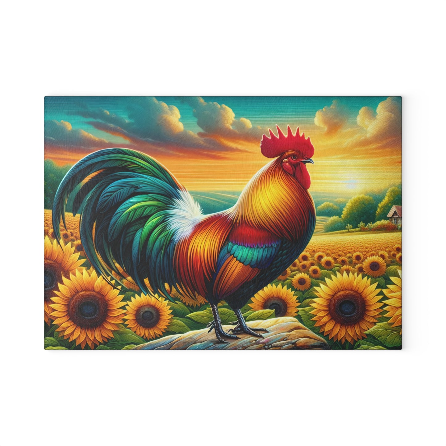 🐓🌻 Rooster on a Rock Glass Cutting Board – Bold Barnyard Charm in a Sunflower Field 🌾🌞