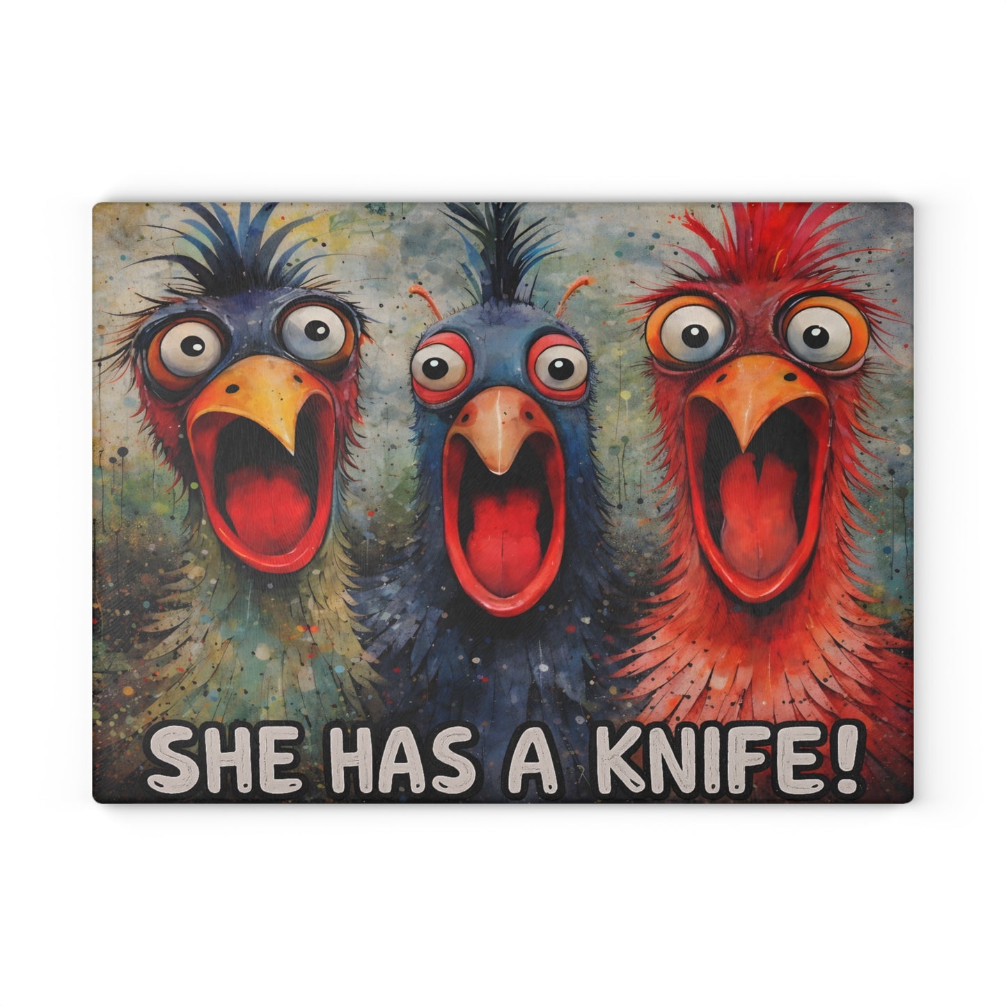 She Has a Knife Glass Cutting Board – Funny Chicken Kitchen Art with Bold Farm Humor