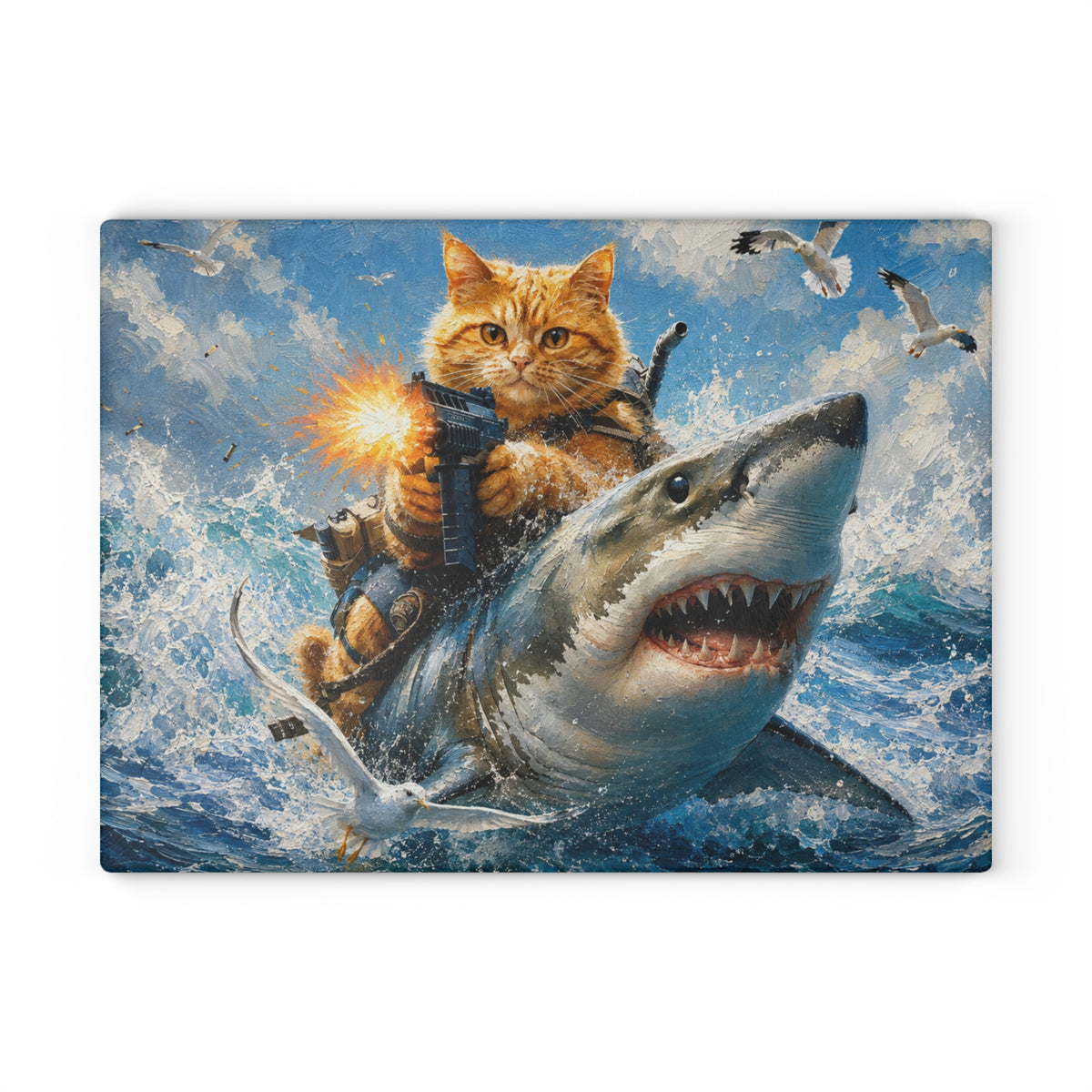 Fearless Cat & Shark Adventure Tempered Glass Cutting Board