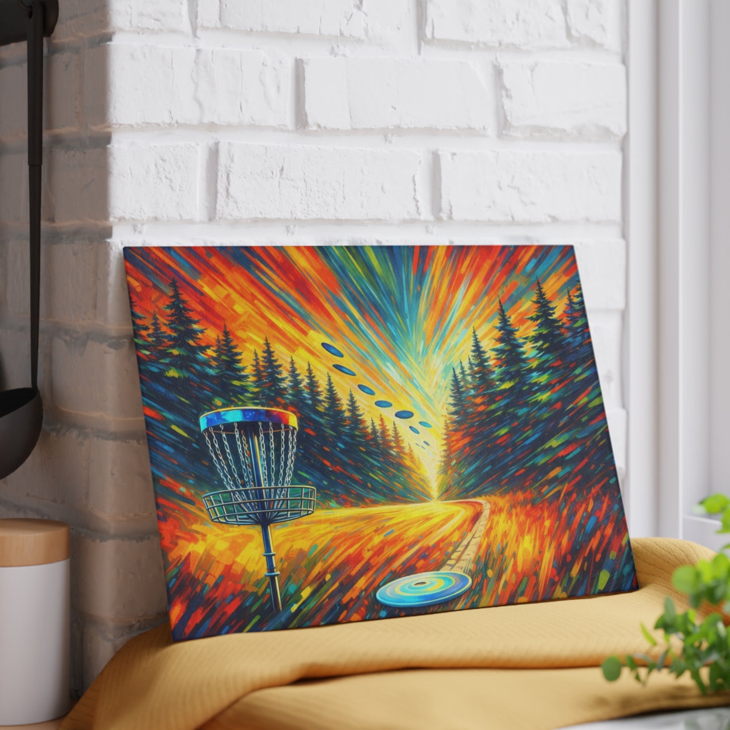 Disc Golf Basket Sunset Glass Cutting Board – Colorful Outdoor Sports Artwork