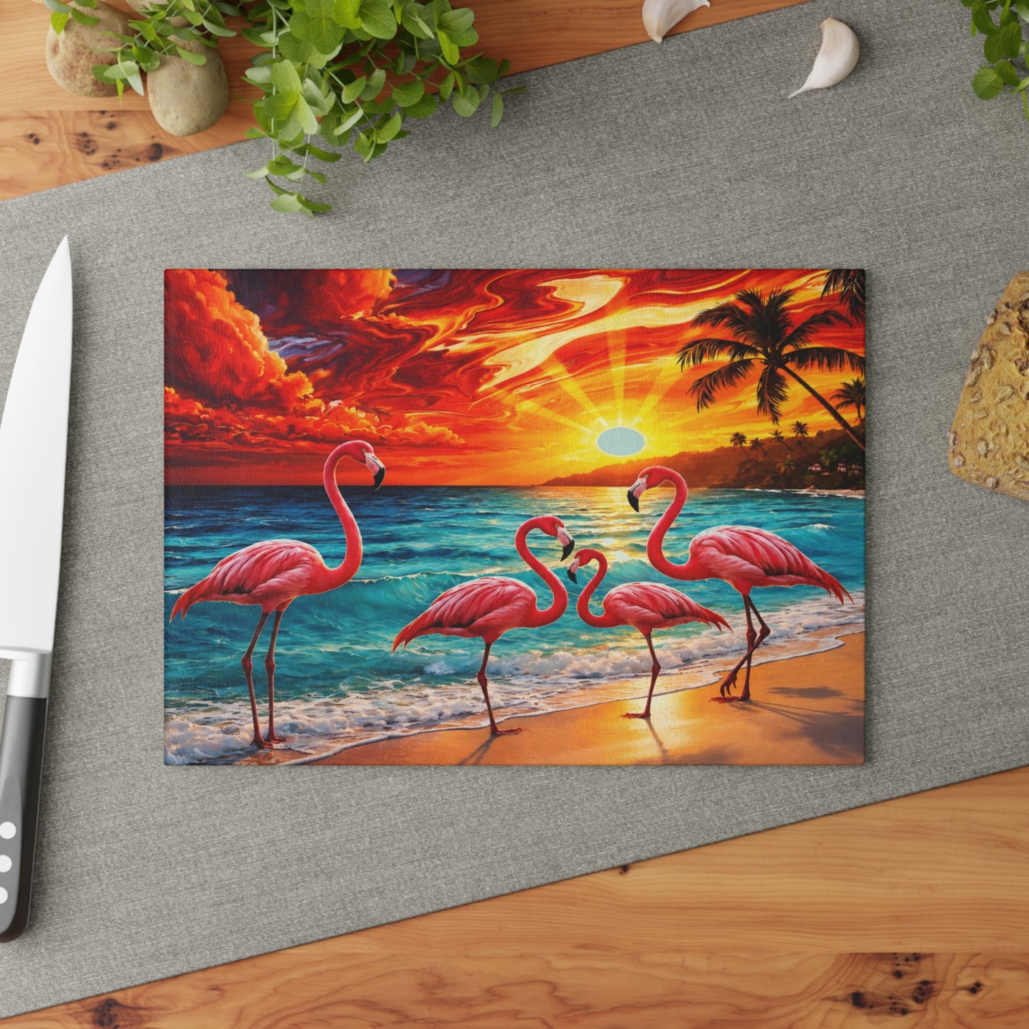 Vibrant Flamingo Sunset Glass Cutting Board – Tropical Coastal Kitchen Decor