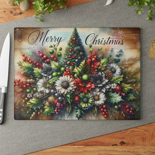 🎄✨ “Merry Christmas Bouquet” Glass Cutting Board – Festive Holiday Centerpiece for Your Kitchen