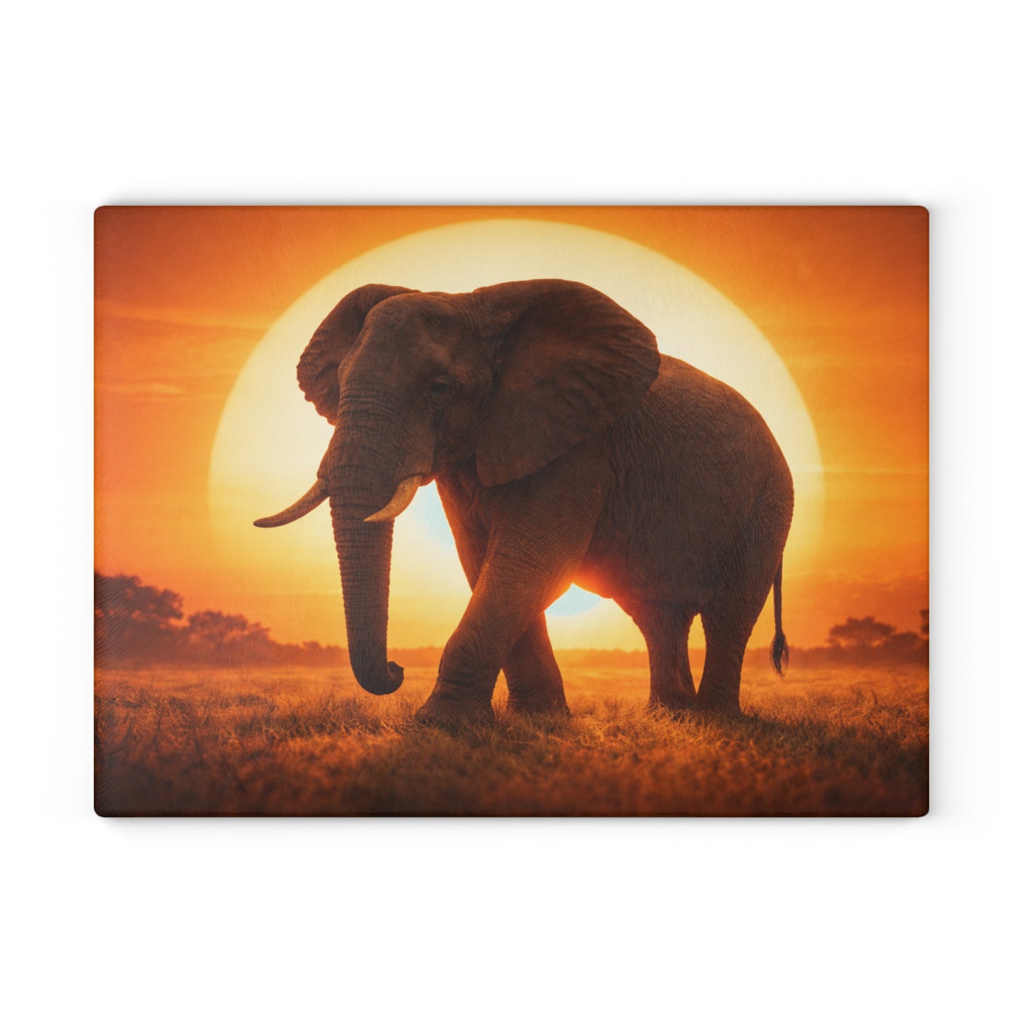 Golden Sunset Elephant Glass Cutting Board – Majestic Safari Wildlife Kitchen Art