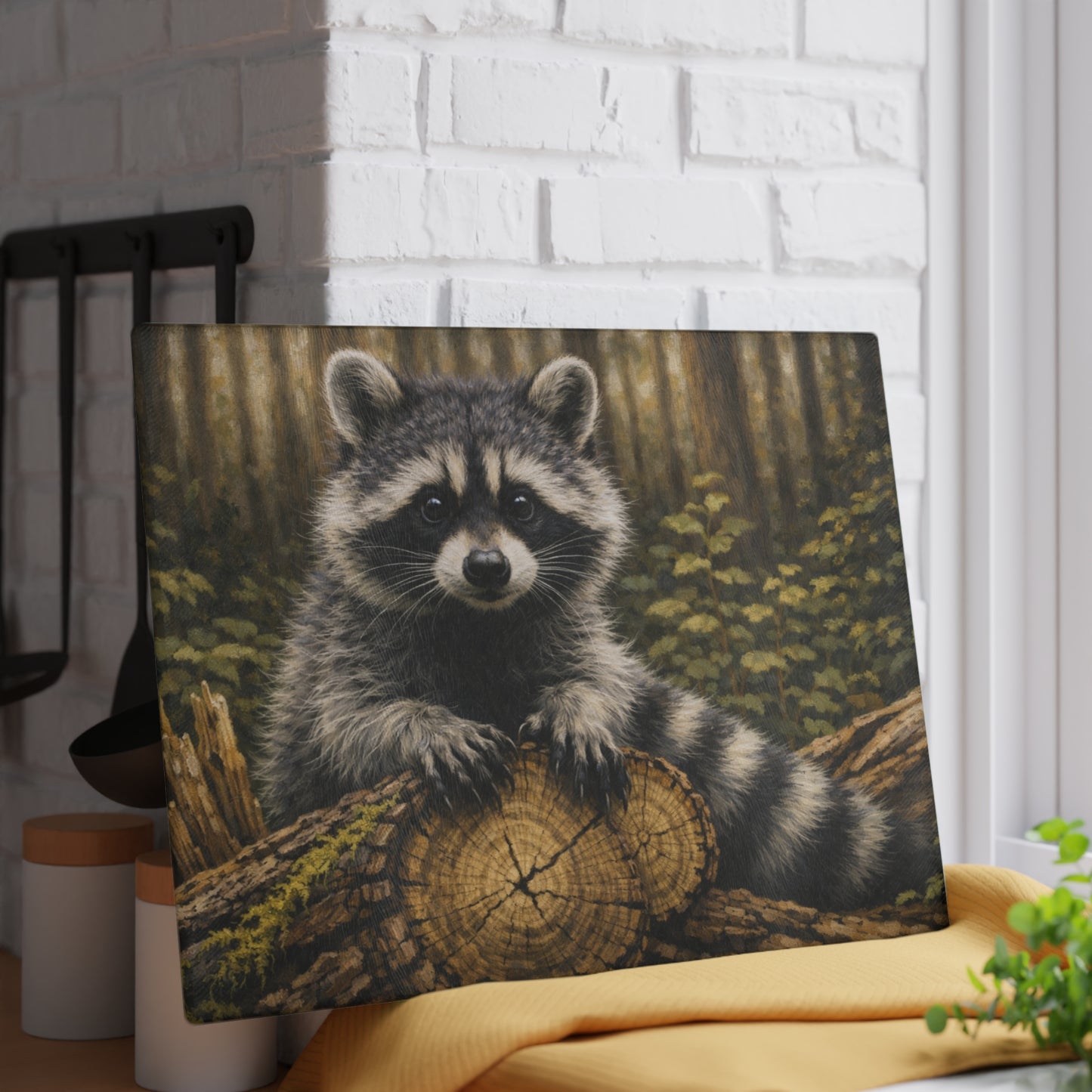 Raccoon Woodland Glass Cutting Board – Forest Wildlife Artwork