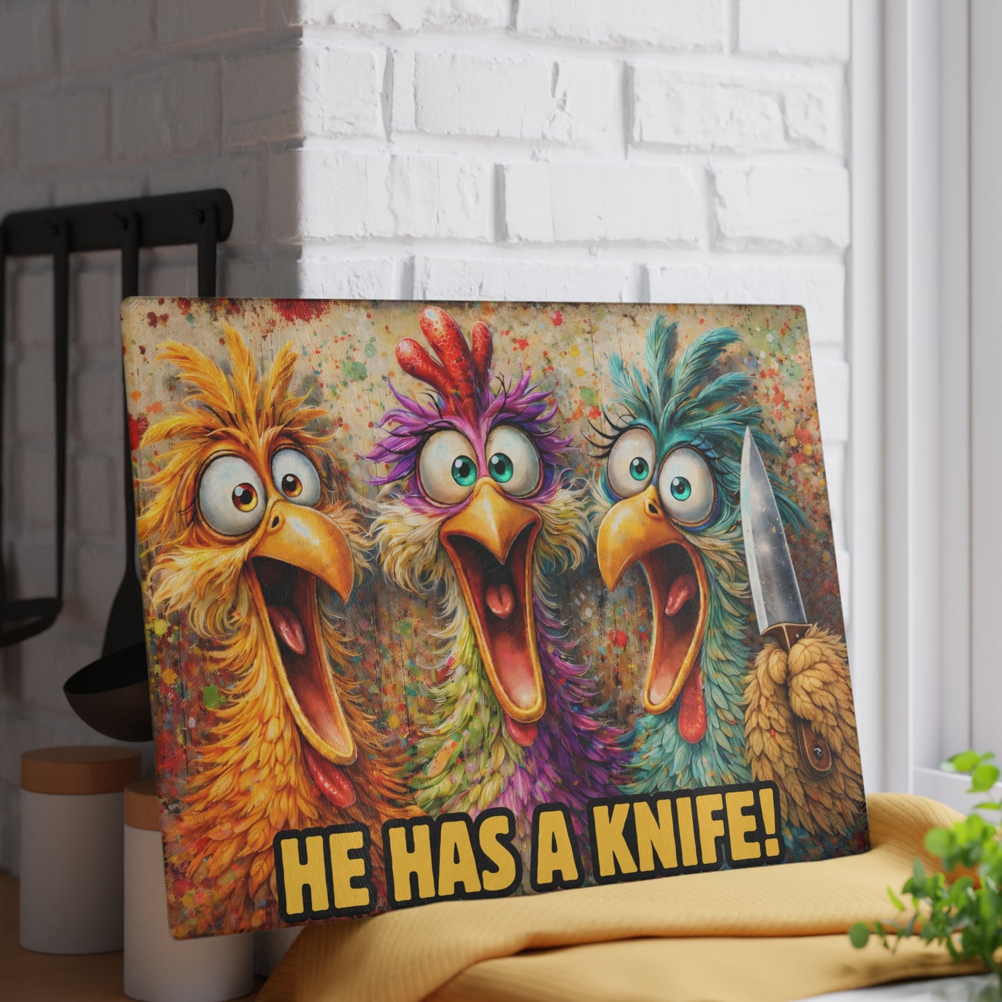 He Has a Knife! Funny Chicken Glass Cutting Board – Bold Farmhouse Kitchen Humor