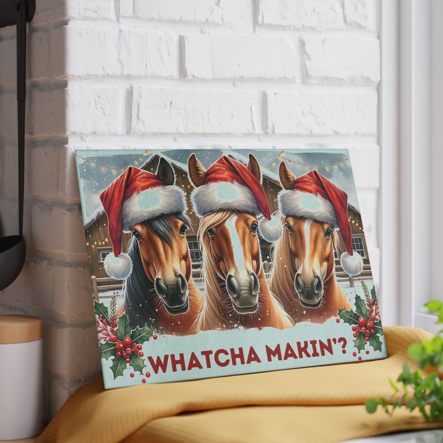 🐴🎄 “Whatcha Makin’?” Holiday Horses Glass Cutting Board – Cozy Charm for Your Kitchen
