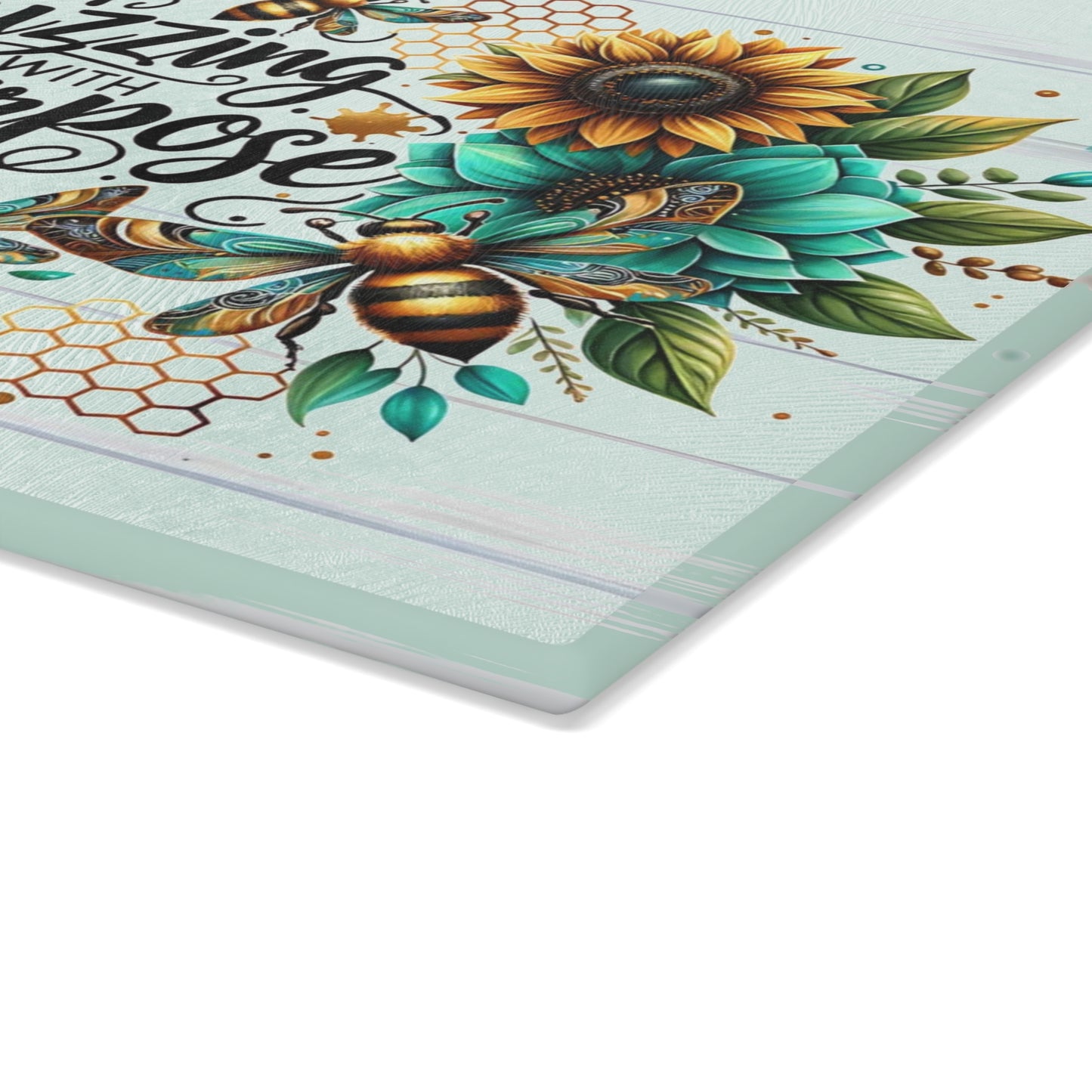 🐝🌻 “Buzzing with Purpose” Glass Cutting Board – Uplift Your Kitchen with Cheer