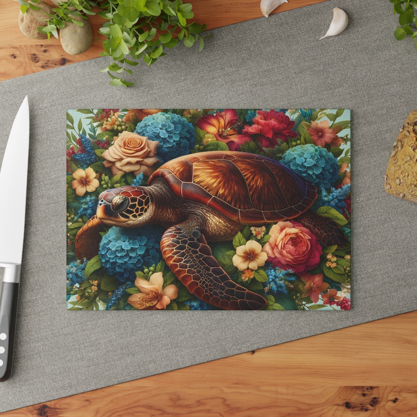 🐢🌺 Sea Turtle in Bloom Cutting Board – Ocean Serenity Meets Garden Elegance 🌊