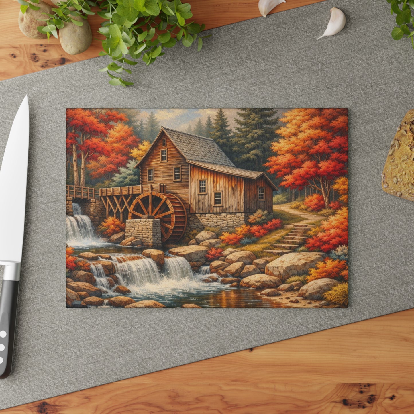 Autumn Watermill Cottage Glass Cutting Board – Rustic Fall Waterfall Kitchen Art