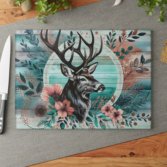 🦌🌸 Rustic Deer Floral Cutting Board – Woodland Cabin Kitchen Décor with Antlers & Flowers 🌿🏞️